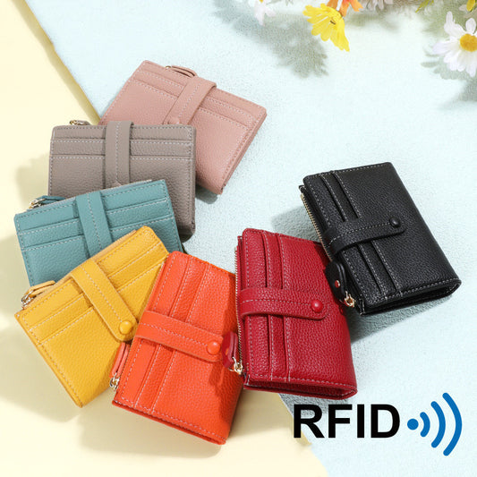 Women's Rfid Anti-theft Refreshing Multiple Card Slots Short Litchi Wallet